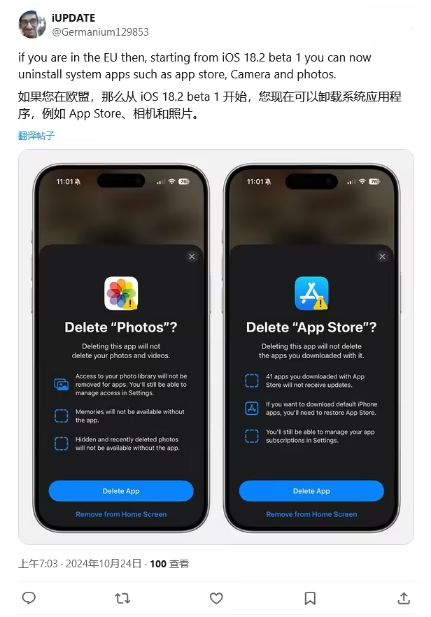 徐汇苹果手机维修分享iOS 18.2 支持删除 App Store 应用商店 