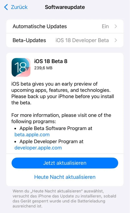 徐汇苹果手机维修分享苹果 iOS / iPadOS 18 开发者预览版 Beta 8 发布 